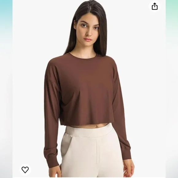 Crop Top Long Sleeved Womens XL Brown Built in Bra Gym Workout Top Shirt D1 - Picture 8 of 10